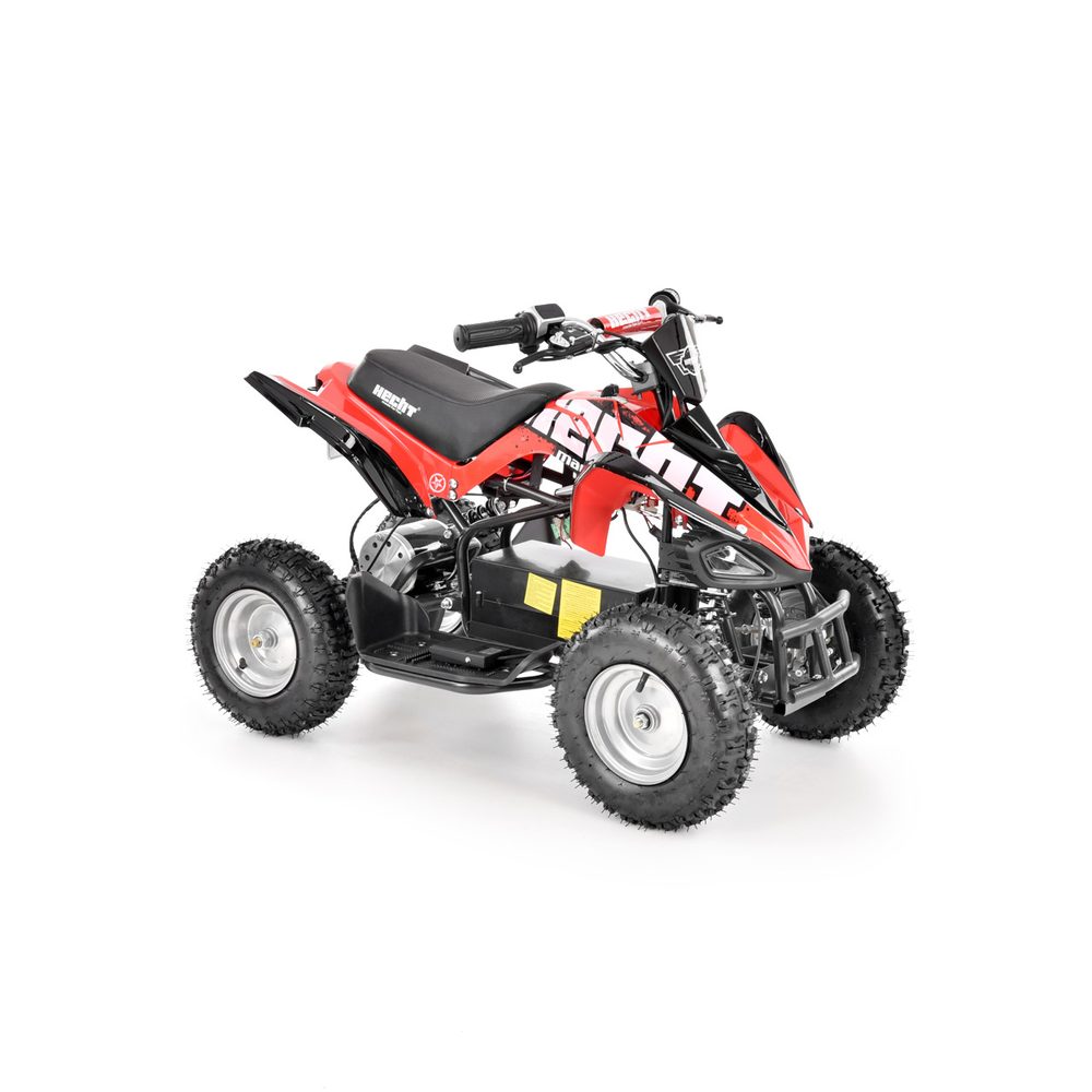 Accu Quad - HECHT 54800 Electric ATV with 800 W engine. Power supplied by 36 V battery with 12 Ah capacity. Speed max. 20 - 25 km/h. Equipped with big 6" wheels. Weight 42 kg. Battery indicator