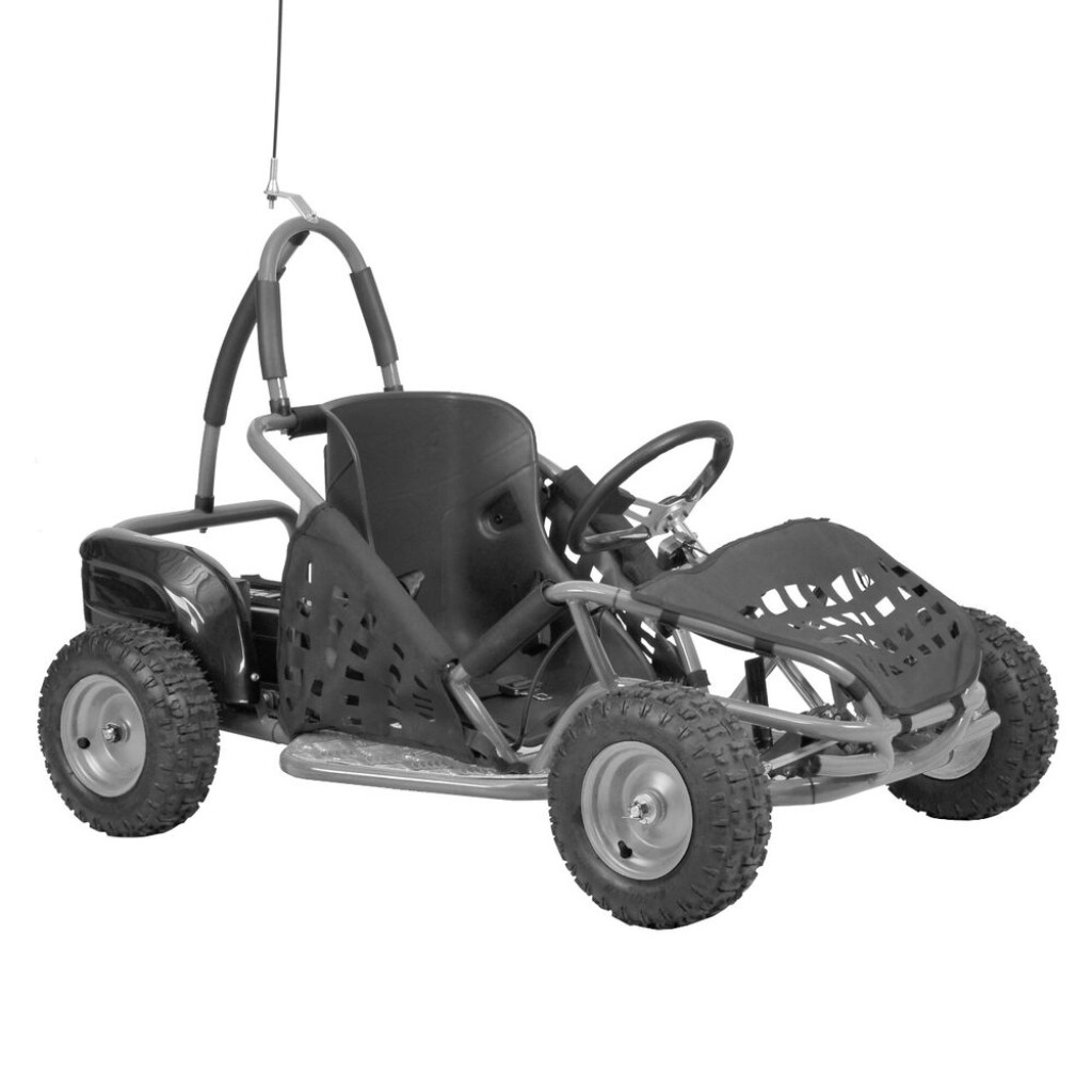 Accu buggy with metal frame. Speed up to 35 km / h. Electric motor 500 W. Maximum weight capacity: 80 kg. The seat is equipped with a safety seat belt. The seat can be adjusted to the size of the driver.