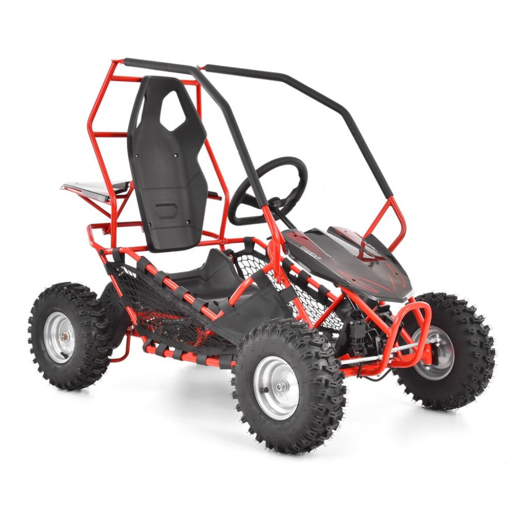 Accu buggy with metal frame. Speed up to 30 km / h. Electric engine 500 W. Battery 36 V /12 Ah. Maximum weight capacity: 54 kg. The seat is equipped with a safety seat belt. The seat can be adjusted to the size of the driver.