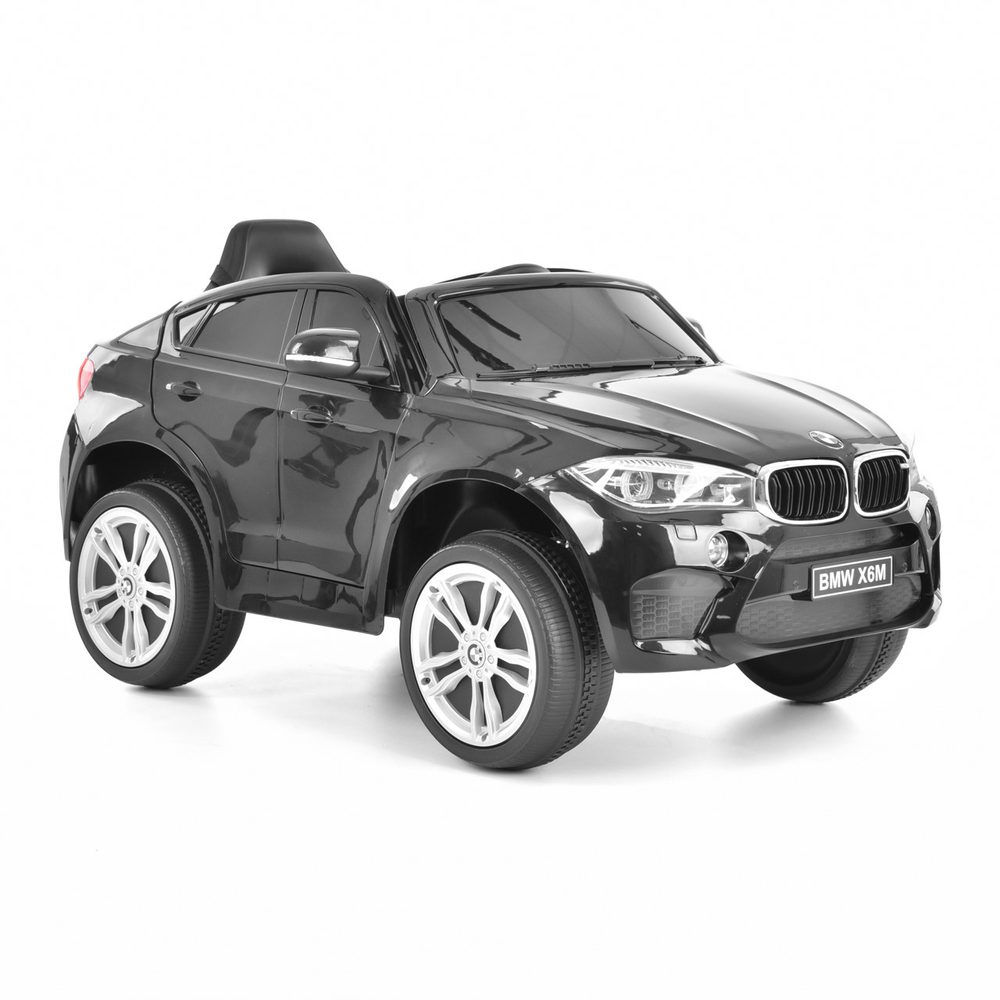 Accu car for kids - BMW X6 - BLACK Accu car for kids. Maximum weight capacity 30 kg. Battery 12V / 7 Ah. Electric motor 2 x 45W. Speed 3 - 5 km/h. Light and sound effects. Parental remote control. MP3