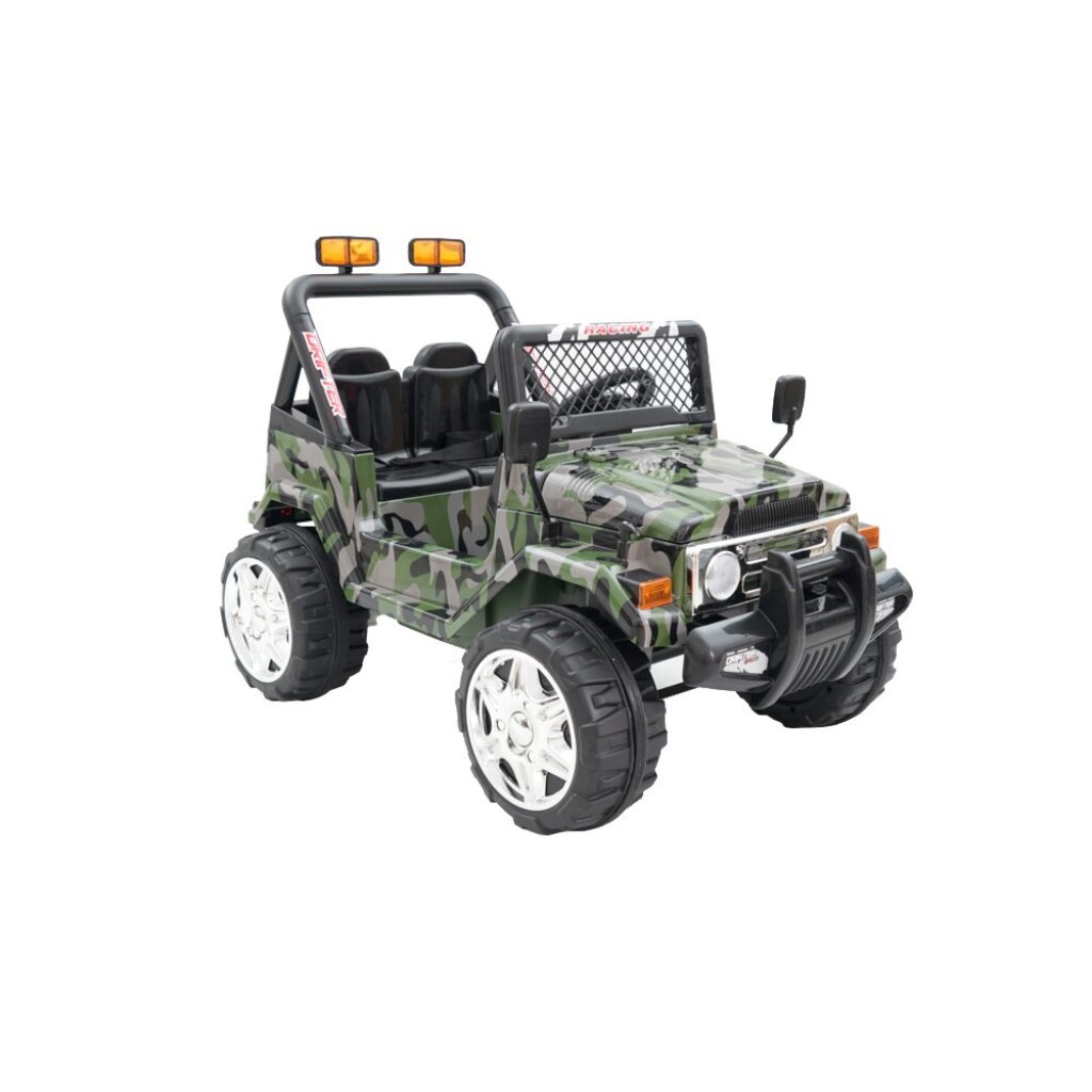 Accu off road car for kids with camouflage paint. Recommended age 3 - 8 years. Maximum weight capacity 30 kg. Battery 2 x 6V / 10 Ah. 2 speeds