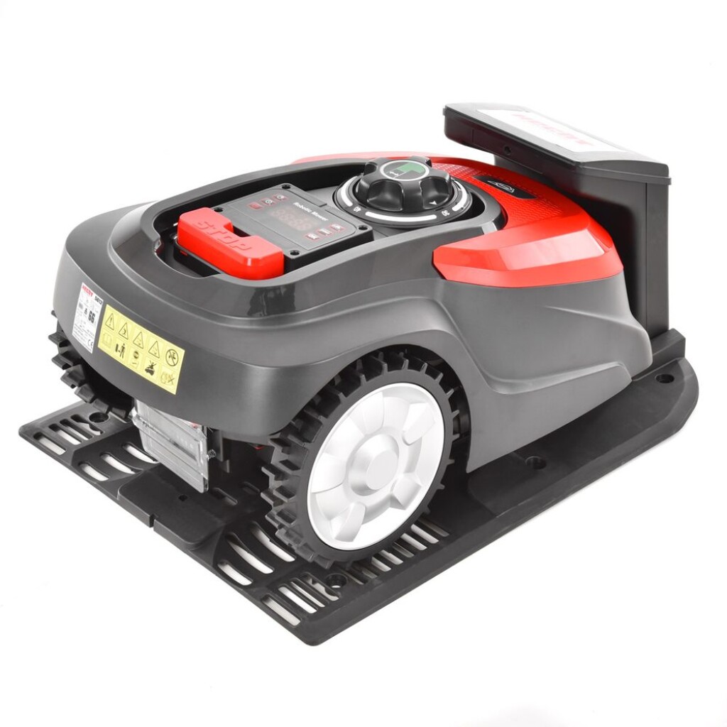 voltage 20 V. Battery capacity 5 Ah. Recommended mowing area up to 1200 m2. Bluetooth applications Android