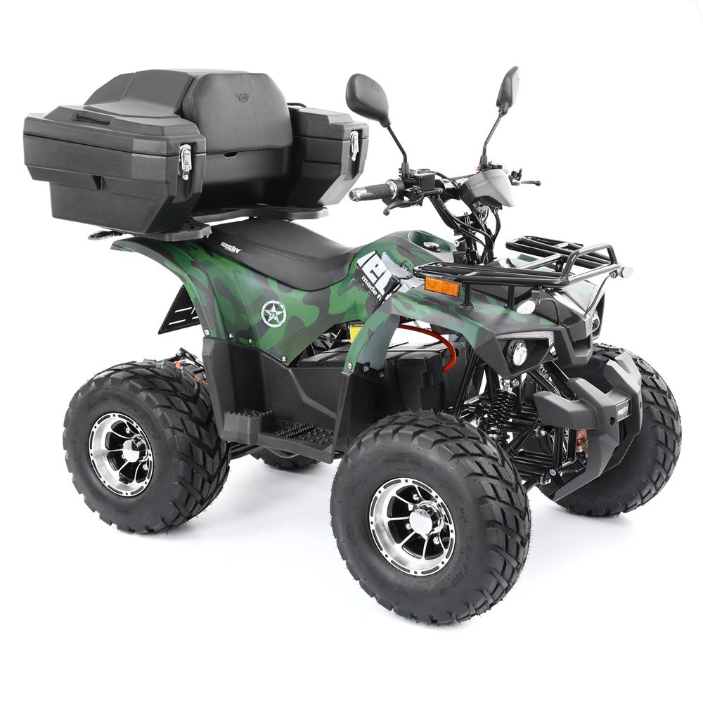 Battery-Powered Quad Bike - HECHT 56199 ARMY Battery-powered quad bike homologated for use on public roads. 1200 W motor. Dimensions (L x W x H): 160 x 104 x 121 cm.