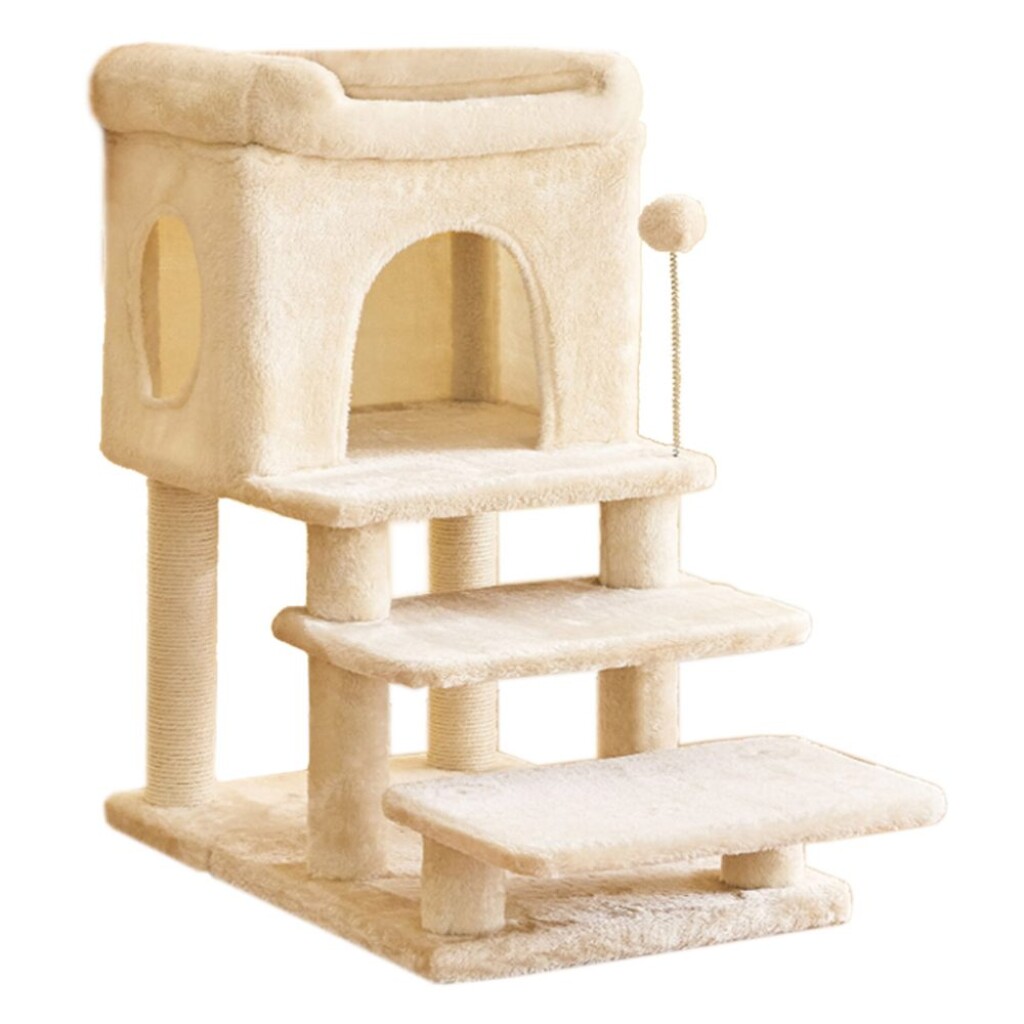 Elegant scratching post with resting area and hideaway house