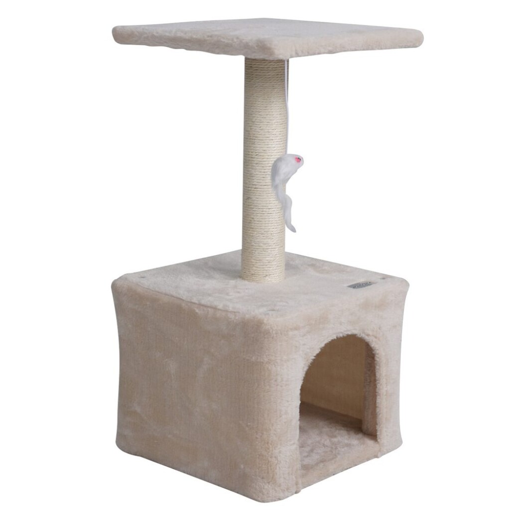 Scratching post and resting place for cats. Beige color. Made from plush and natural sisal. Dimensions 30 x 30 x 60 cm.