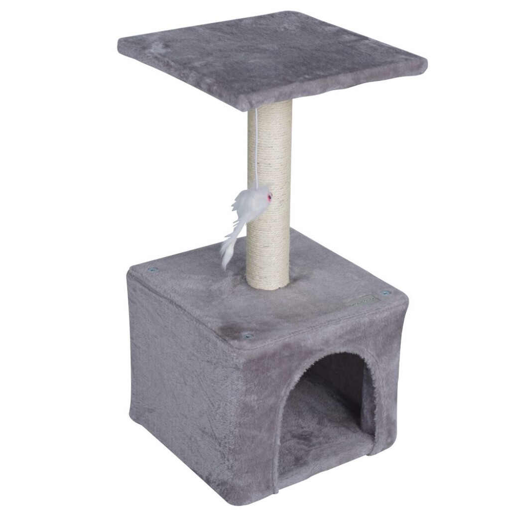 Scratching post and resting place for cats. Gray color. Made from plush and natural sisal. Dimensions 30 x 30 x 60 cm.