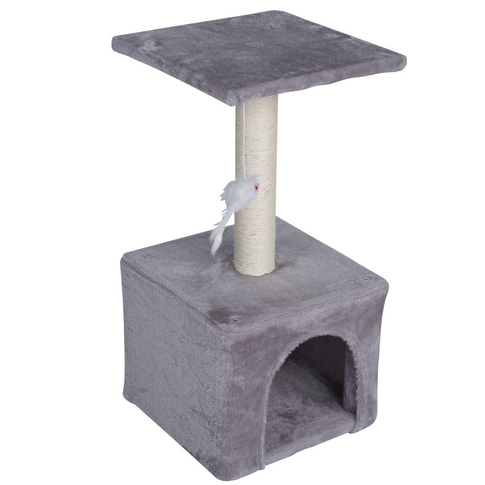 Cat Scratching Post - PROMINENT MINNIE S Scratching post and resting place for cats. Gray color. Made from plush and natural sisal. Dimensions 30 x 30 x 60 cm.