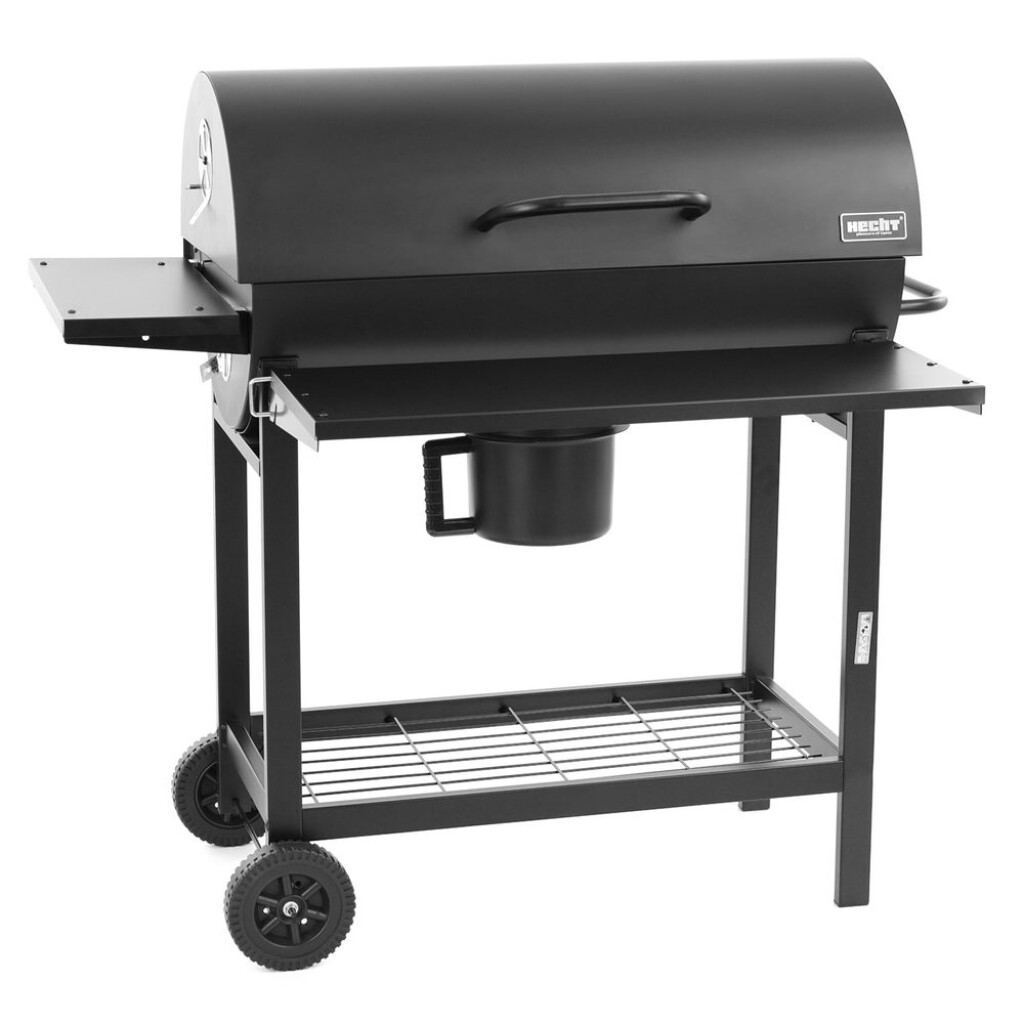Garden charcoal grill made of sheet steel. Black refractory paint treatment. Large wooden storage area.