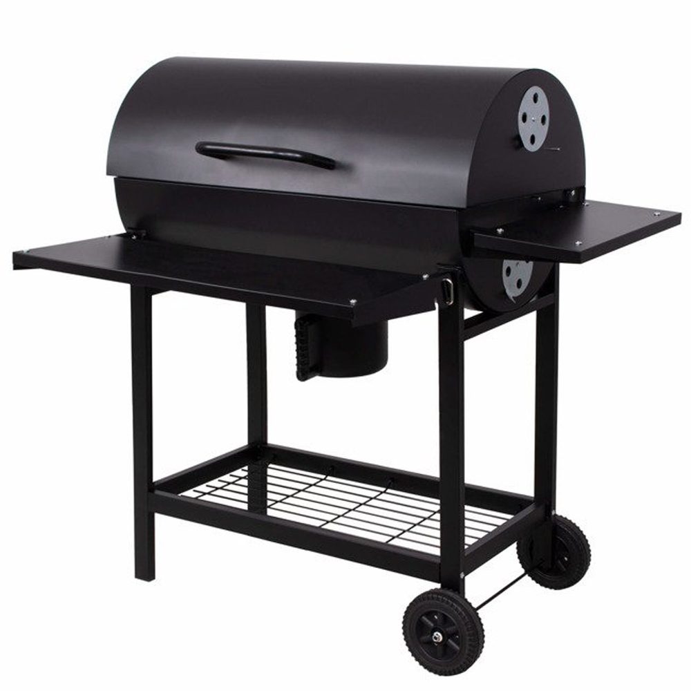 Charcoal garden grill - HECHT BARRELL Robust metal structure. Black refractory color. Large storage areas. Transport wheels. Height 102 cm