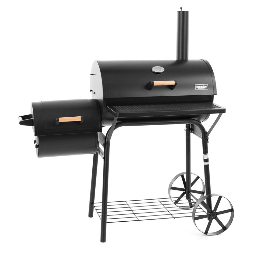 Charcoal grill. Suitable for covered garden surfaces. Two furnics. Robust sheet metal structure. Black refractory color. Heater height adjustment. Air regulation. Storage shelf. Possibility of utilization (or indirect barbecue). Chrome-plated barbecue grate. Thermometer. Transport wheels.