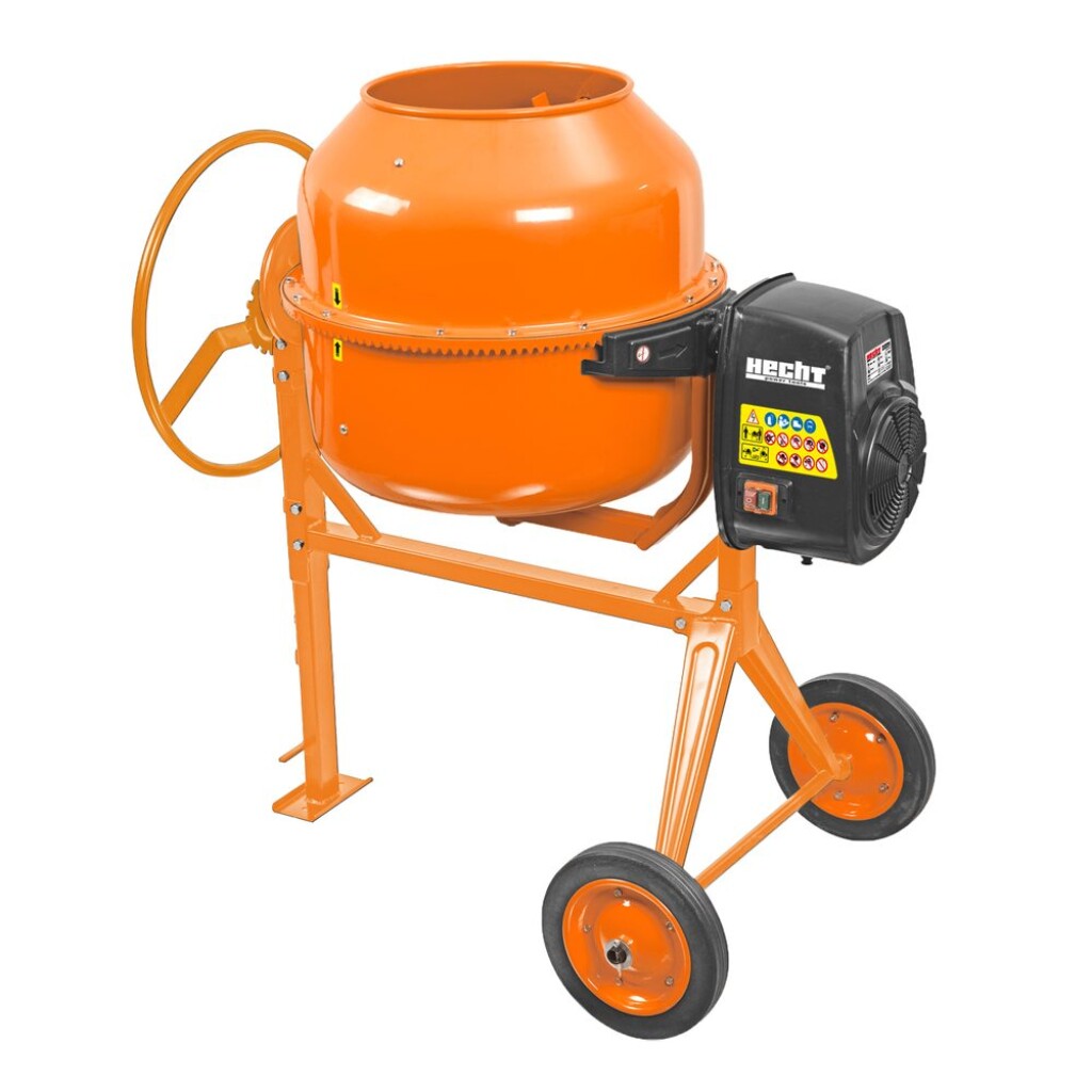 Construction mixer. Power input 1050 W. Volume 200 Litres. Rubber wheels. Weight 95 kg.