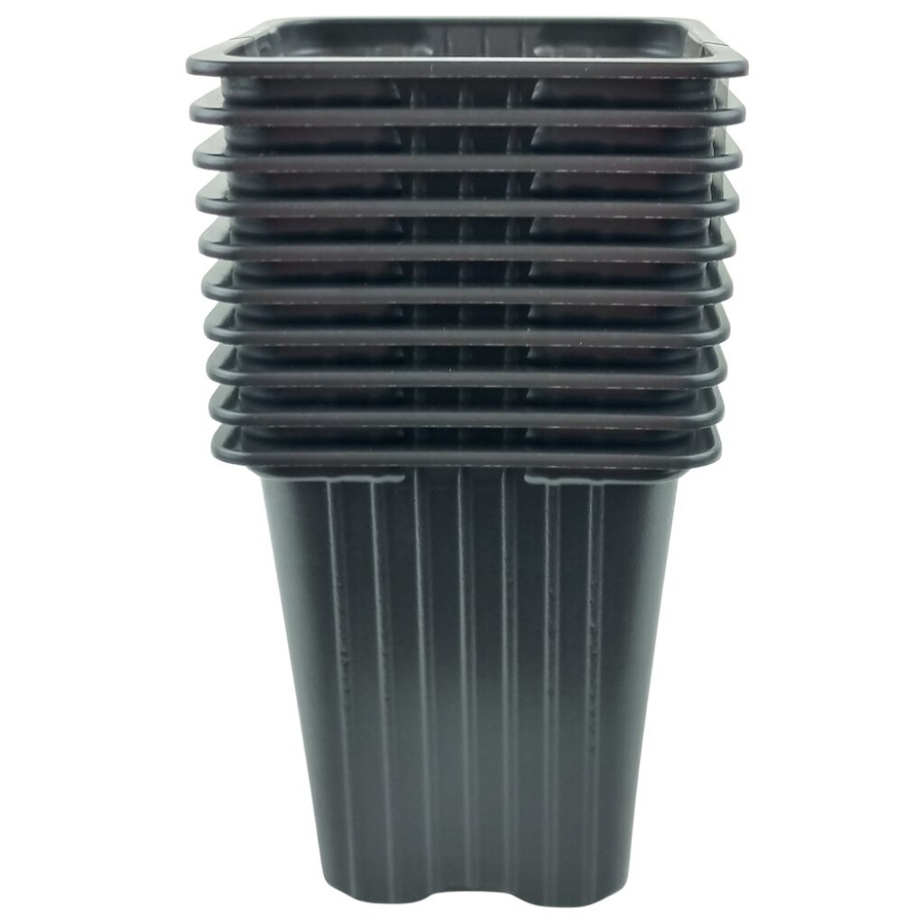 Square plastic black container of soft quality is designed primarily for growing plant seedlings. Packed in sets of 10 pieces including