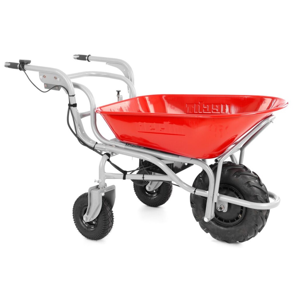 Self-propelled wheelbarrow with a capacity of 100 l and a maximum load capacity of 260 kg. Powered by a 24V battery with a charging time of 7 hours. Ideal for transporting heavy loads in the garden.