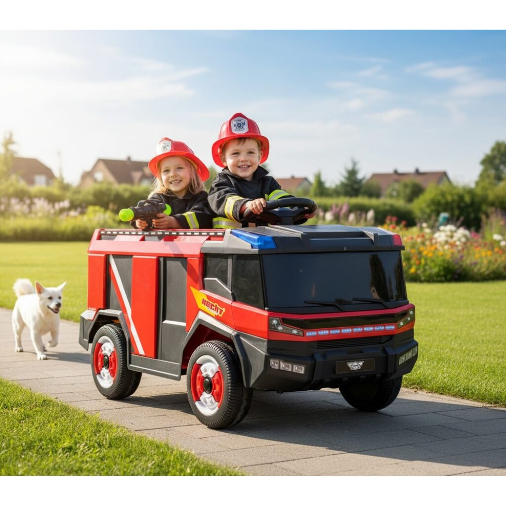 it is suitable for children aged 3-8 years. The vehicle is equipped with two 35 W motors and reaches speeds of 2-5 km/h. It includes a working firefighting gun