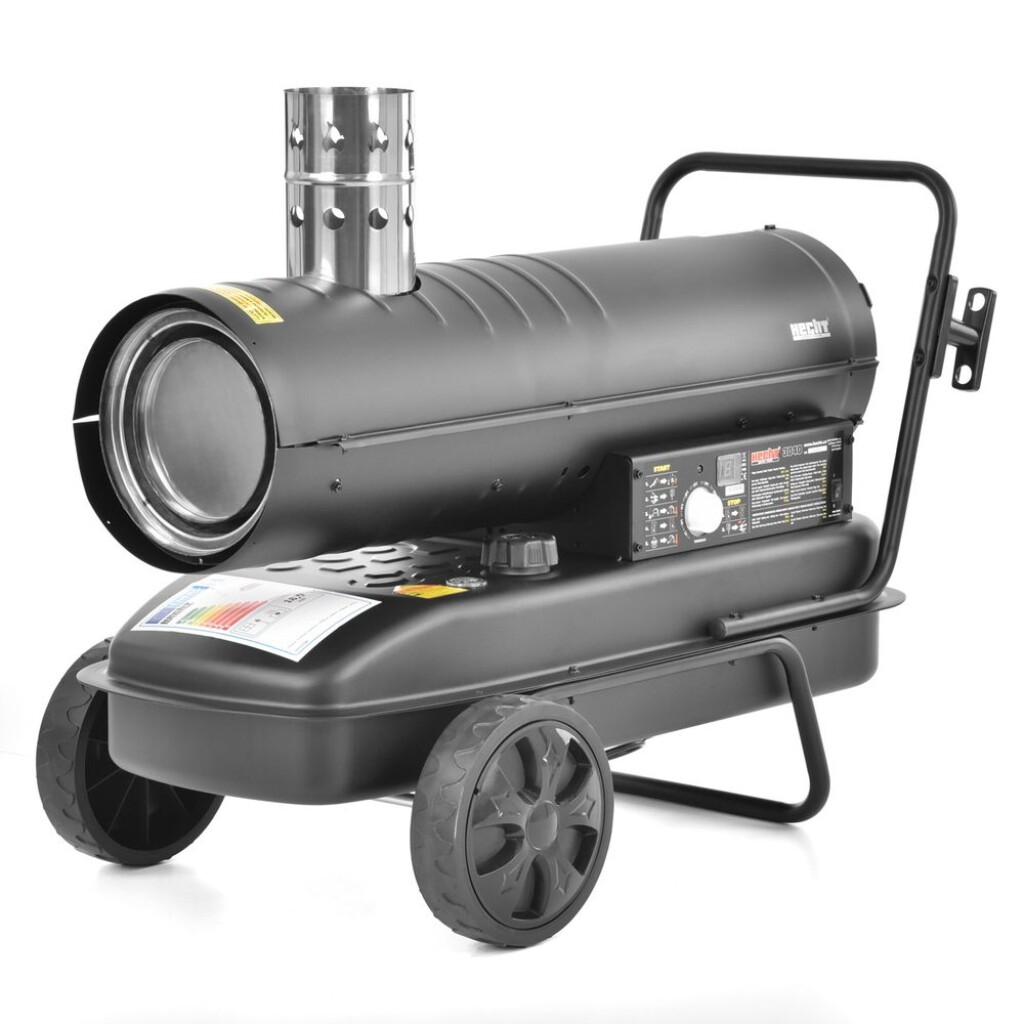 A hot air turbine with indirect combustion - flue gas discharge through a chimney - heats with clean air! Heat output 18 kW / 62