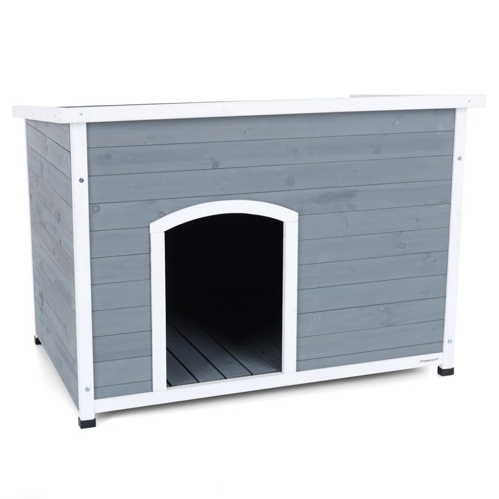 Spacious dog house PROMINENT DINO made of durable fir wood with dimensions 112 x 75 x 79 cm. Opening roof with insulation and asphalt shingles