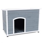 <p>Spacious dog house PROMINENT DINO made of durable fir wood with dimensions 112 x 75 x 79 cm. Opening roof with insulation and asphalt shingles