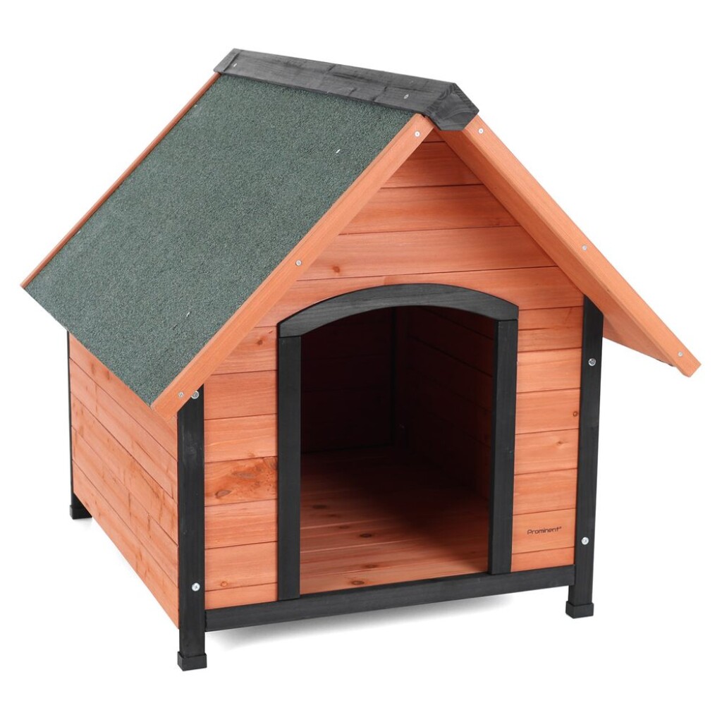 Stylish and durable dog house PROMINENT MIKE made of fir wood with dimensions 82 x 99 x 86 cm. Roof with asphalt shingles provides protection from rain and sun.