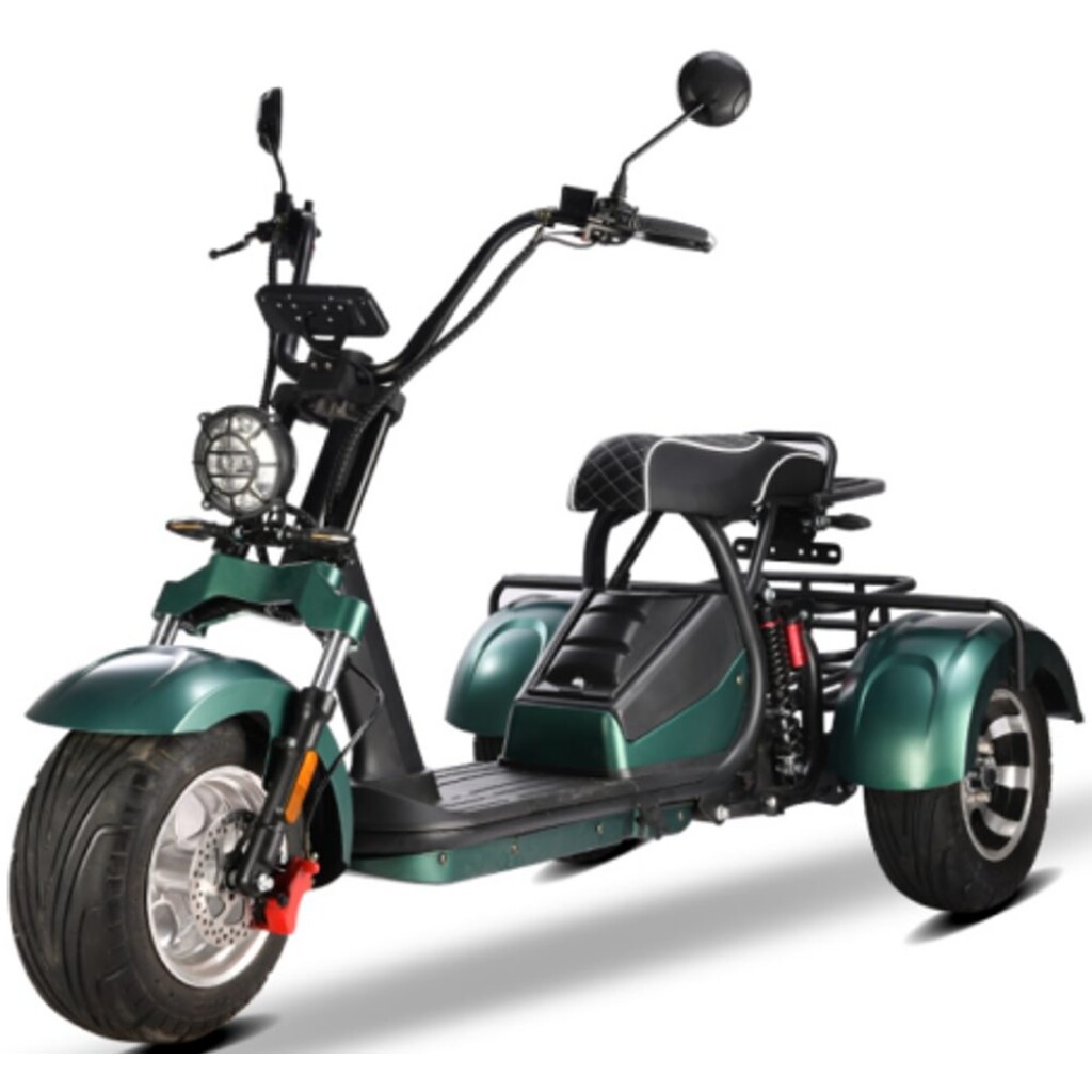 Electric scooter - tricycle with homologation for road traffic. Motor 2000 W. Max speed 45 km/h. Max. range with one battery up to 50 km. Possibility of connecting an additional Li-ion battery 60 V 20 Ah (max. range up to 100 km).