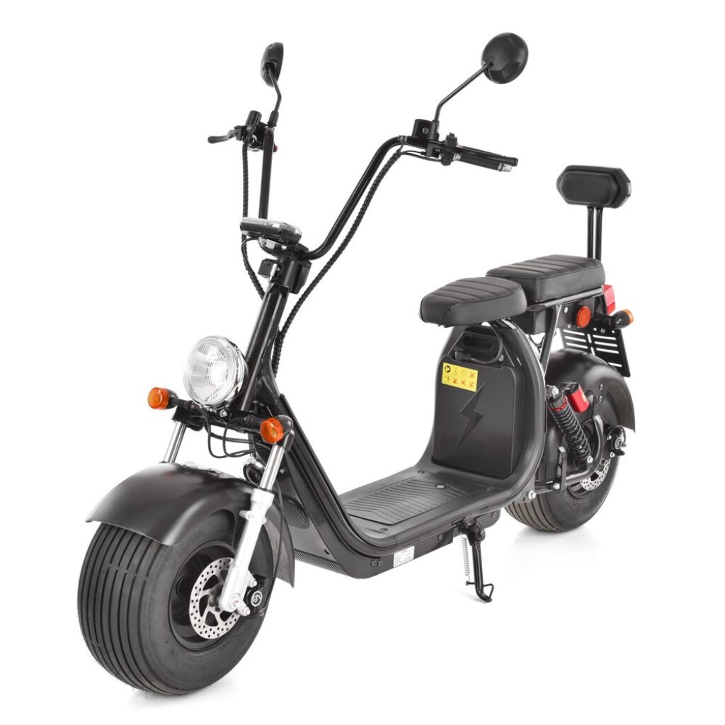Electric scooter. Electric engine 1500W.  Battery 60V/20Ah. Max speed 45 km/h. Front-rear disc brakes. Range up to 60 km. Wide and robust tubeless tires 18*9