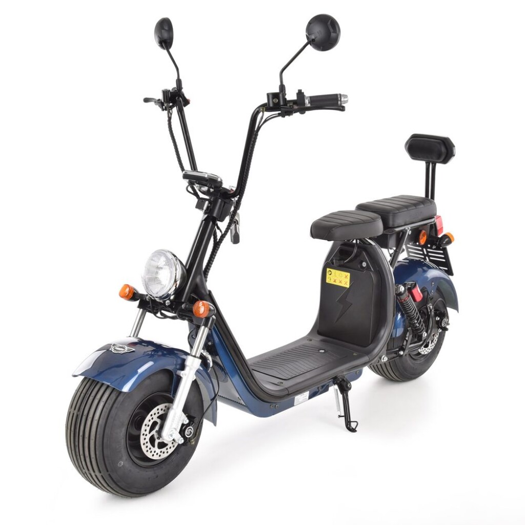 Electric scooter. Electric engine 1500W.  Battery 60V/20Ah. Max speed 45 km/h. Front-rear disc brakes. Range up to 60 km. Wide and robust tubeless tires 18*9