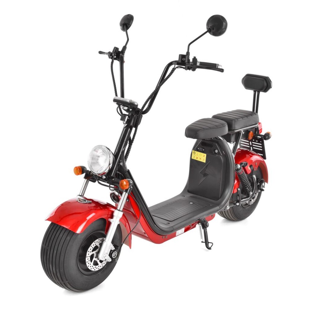 Electric scooter. Electric engine 1500W.  Battery 60V/20Ah. Max speed 45 km/h. Front-rear disc brakes. Range up to 60 km. Wide and robust tubeless tires 18*9