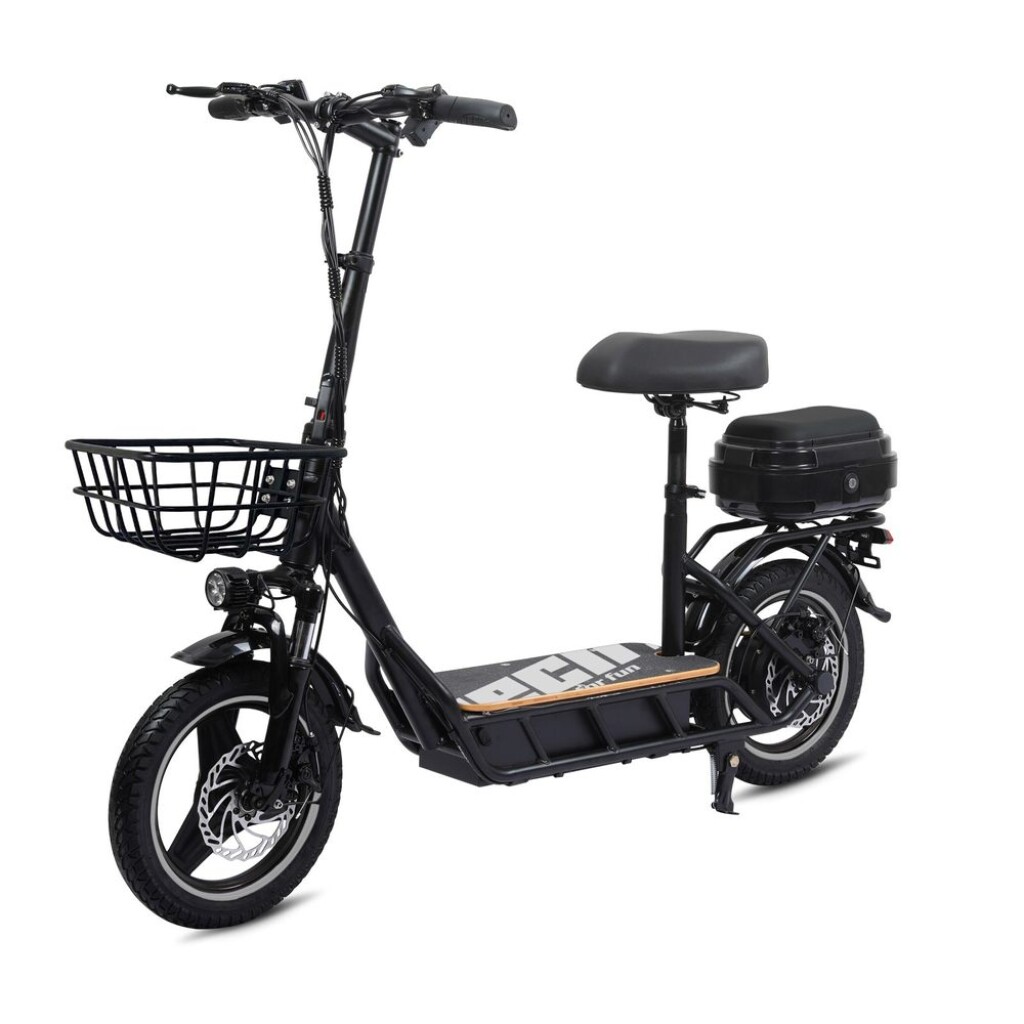 Electric scooter with a range of up to 65 km. Maximum speed 45 km/h. Load capacity 120 kg. Battery 48 V / 15 Ah / 500 W.