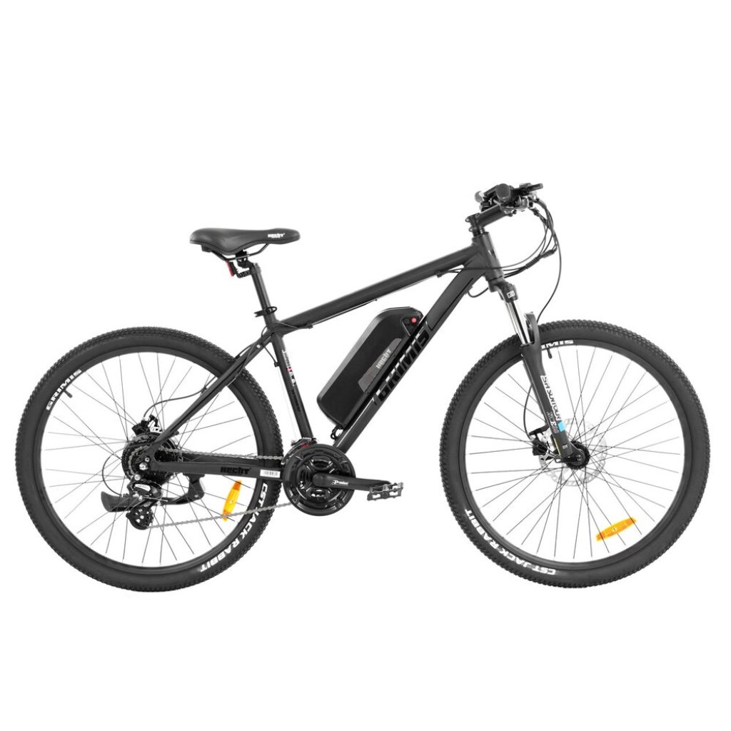 Sports outdoor electric bike HECHT GRIMIS MATT. Shimano derailleur. Front suspension adjustable fork. Hydraulic disc brakes. 18" aluminium frame with 36 V /14 Ah battery. 250 W motor