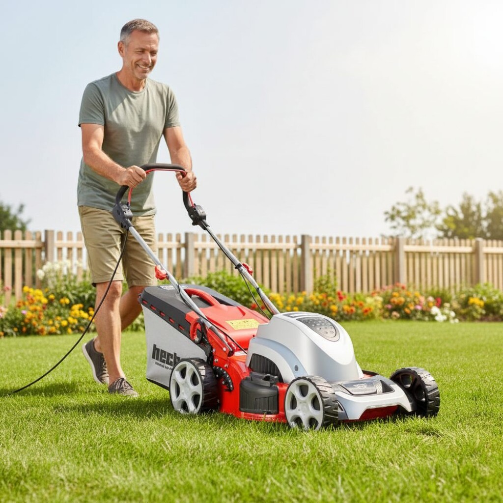 equipped with ball bearings. Power input 1800 W&nbsp;and working width 46 cm. Suitable for areas of up to 1000 m2.