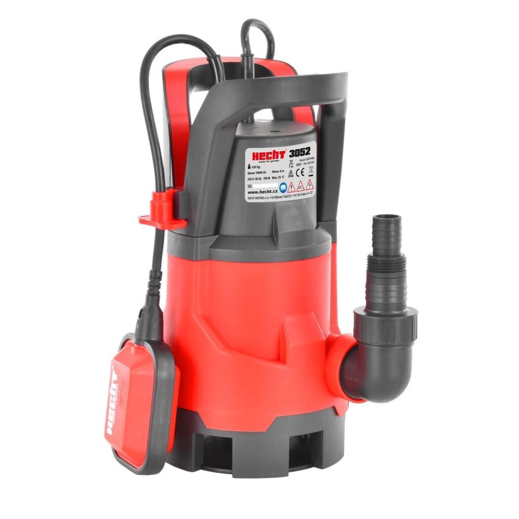 Electric pump also suitable for polluted water. 10 m rubberized power cable. Power consumption 750 W. Max. discharge 8 m. Max. flow 14000 l / hour.