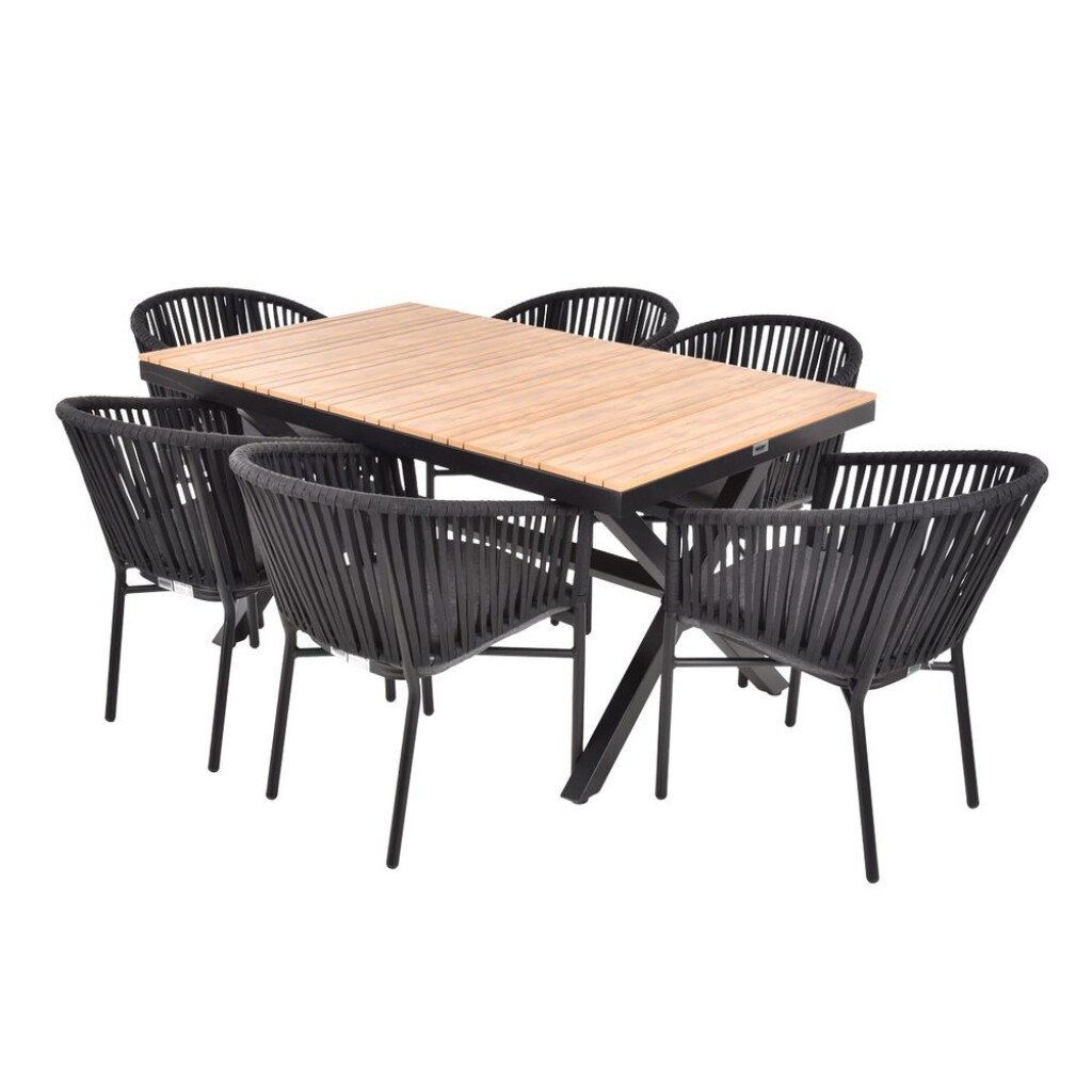Luxurious set of six chairs and one table made of aluminum profiles with Komaxit finish. Suitable for humid environments. Suitable for exteriors and interiors.
