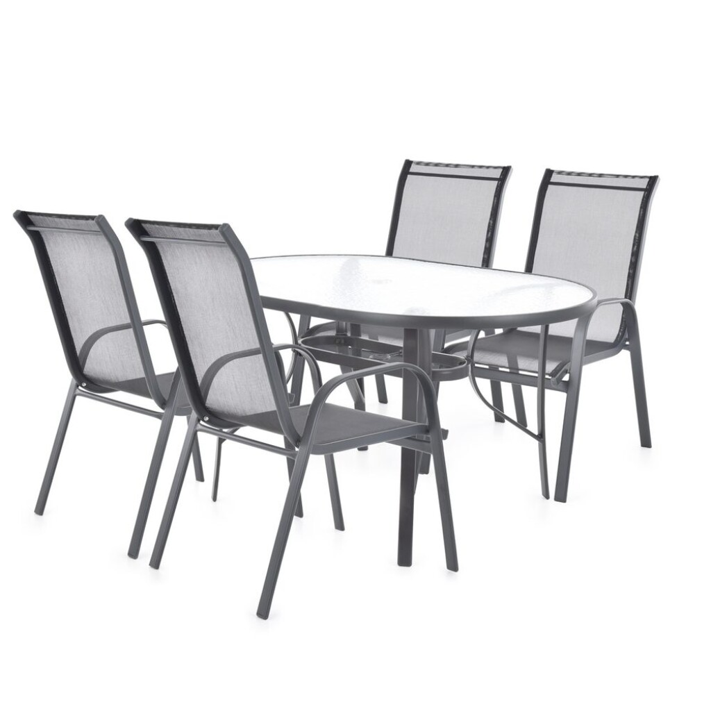 Combined set of four chairs and one table made of steel-aluminium profiles and comaxit finish. Table with tempered glass. Chair capacity 120 kg.