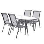 <p>Combined set of four chairs and one table made of steel-aluminium profiles and comaxit finish. Table with tempered glass. Chair capacity 120 kg.</p>