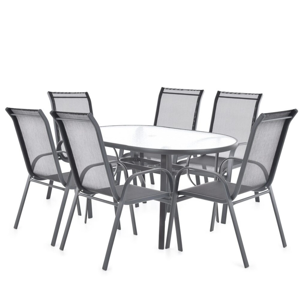 Combined set of six chairs and one table made of steel-aluminium profiles and comaxit finish. Table with tempered glass. Chair capacity 120 kg.