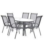 <p>Combined set of six chairs and one table made of steel-aluminium profiles and comaxit finish. Table with tempered glass. Chair capacity 120 kg.</p>
