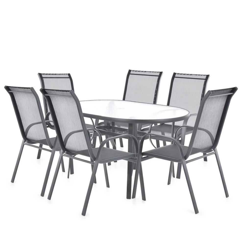 Garden furniture set - EKONOMY SET 6 Combined set of six chairs and one table made of steel-aluminium profiles and comaxit finish. Table with tempered glass. Chair capacity 120 kg.