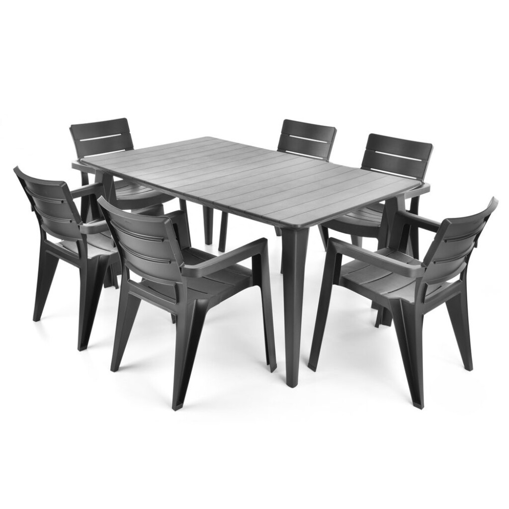 Practical set of garden furniture consisting of six chairs and one table.