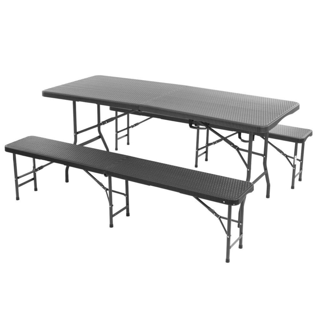 Folding set of two benches and one table made of steel-aluminium profiles with comaxit coating. Surface of table and chairs made of highly durable plastic.