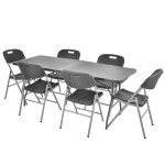 <p>Folding set of six chairs and one table made of steel-aluminium profiles with comaxit coating. Surface of table and chairs made of highly durable plastic.</p>