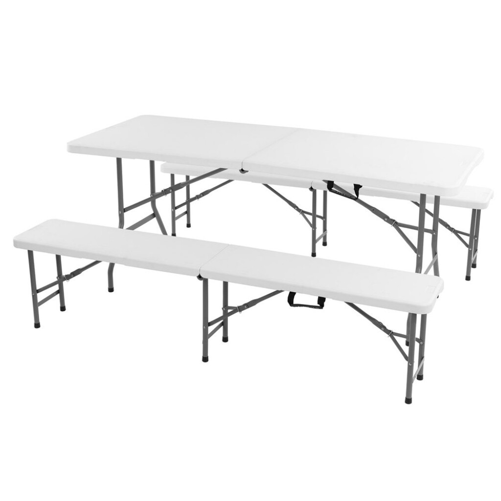 Folding set of two benches and one table made of steel-aluminium profiles with comaxit coating. Surface of table and chairs made of highly durable plastic.