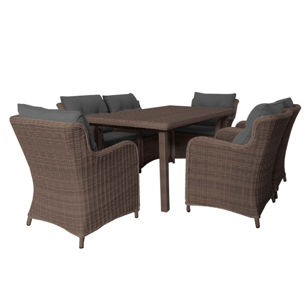 Luxury garden set of six armchairs and table with tempered glass made of artificial rattan. Including padding. Suitable for use in damp environments.