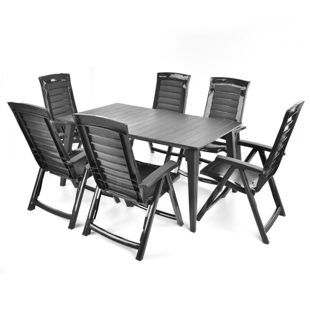 A very practical set of garden furniture consisting of six adjustable chairs and one table.