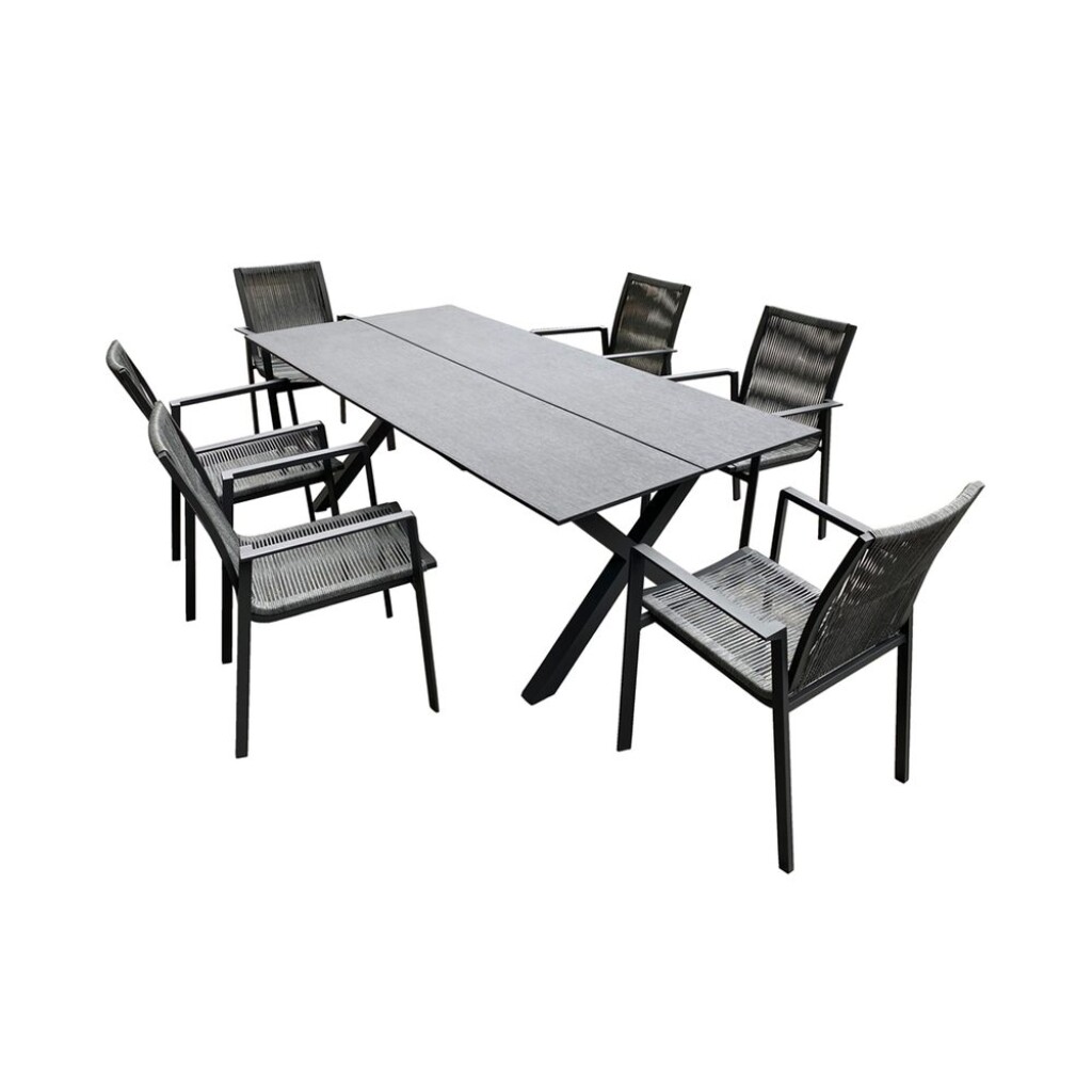 Luxurious set of six chairs and one table made of aluminum profiles with Komaxit finish. The surface of the table is made of highly durable polypropylene. Suitable for exteriors and interiors.