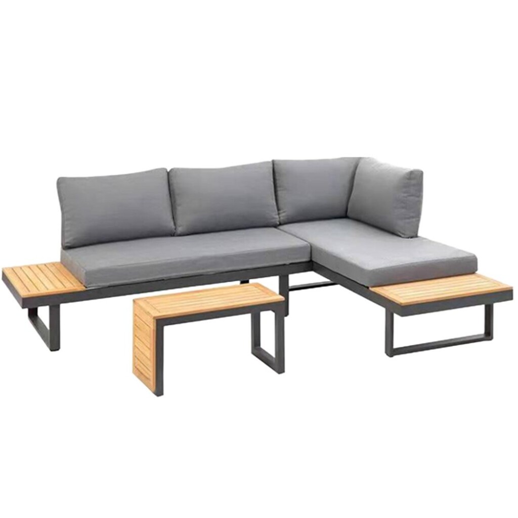 Luxury combination set of two sofas and one coffee table made of aluminium profiles with comaxite finish and acacia wood. Wood treated with oil varnish including padding.