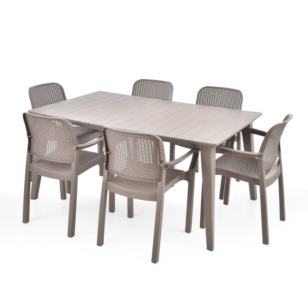 Practical garden furniture set consisting of six chairs and one table.