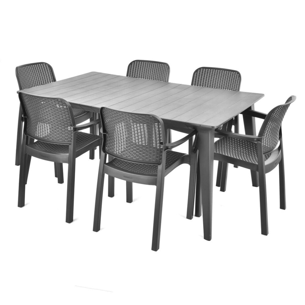 Practical garden furniture set consisting of six chairs and one table.
