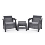 <p>Luxurious combined set of two armchairs and a table made of artificial rattan