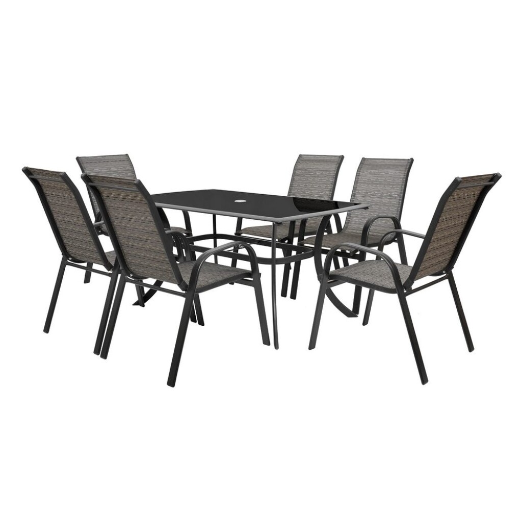 Combined&nbsp;set&nbsp;of six&nbsp;chairs&nbsp;(stackable)&nbsp;and&nbsp;a&nbsp;table&nbsp;made of aluminium&nbsp;profiles.&nbsp;Table&nbsp;with tempered&nbsp;black glass.&nbsp;Suitable for sheltered garden areas.