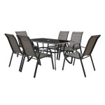 <p>Combined&nbsp;set&nbsp;of six&nbsp;chairs&nbsp;(stackable)&nbsp;and&nbsp;a&nbsp;table&nbsp;made of aluminium&nbsp;profiles.&nbsp;Table&nbsp;with tempered&nbsp;black glass.&nbsp;Suitable for sheltered garden areas.</p>