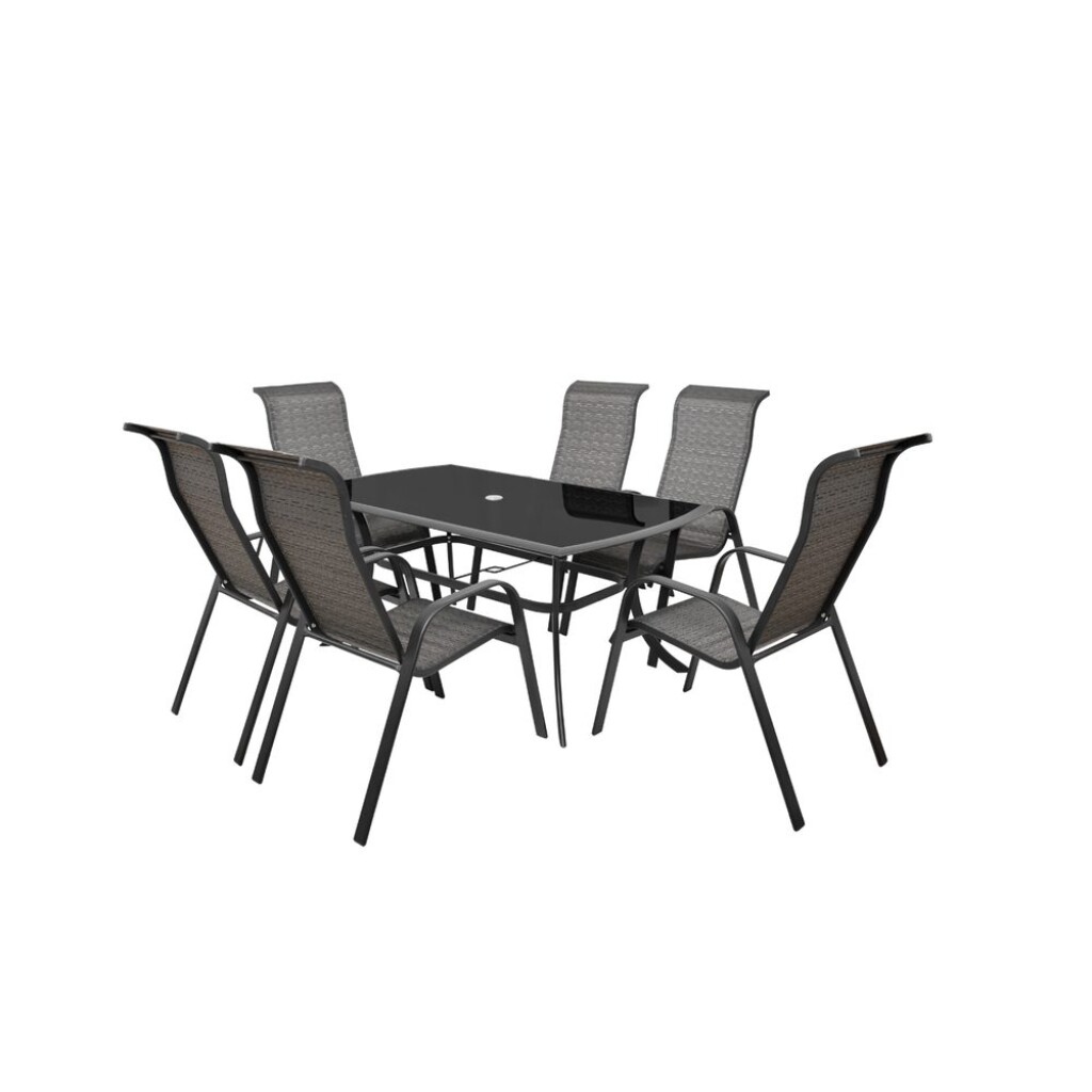 Combined&nbsp;set&nbsp;of six&nbsp;chairs&nbsp;(stackable)&nbsp;and&nbsp;a&nbsp;table&nbsp;made of aluminium&nbsp;profiles.&nbsp;Table&nbsp;with tempered&nbsp;black glass.&nbsp;Suitable for sheltered garden areas.